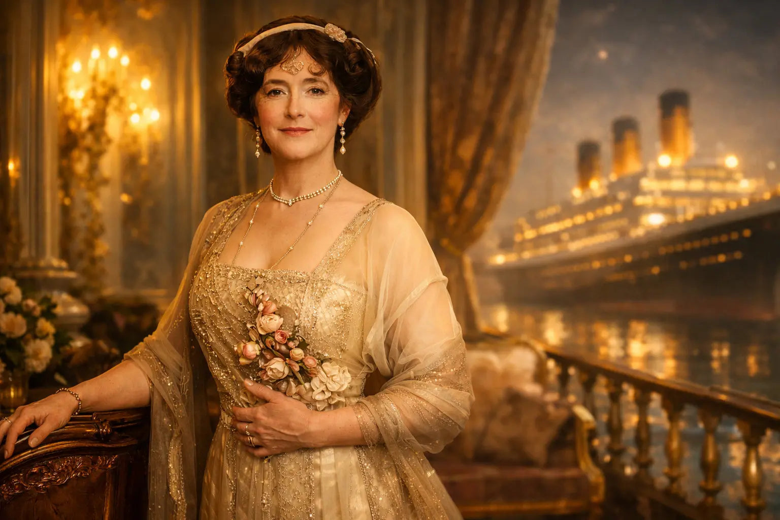 Lucy Christina Duff Gordon, créatrice de mode et survivante du Titanic, dans un univers élégant de première classe