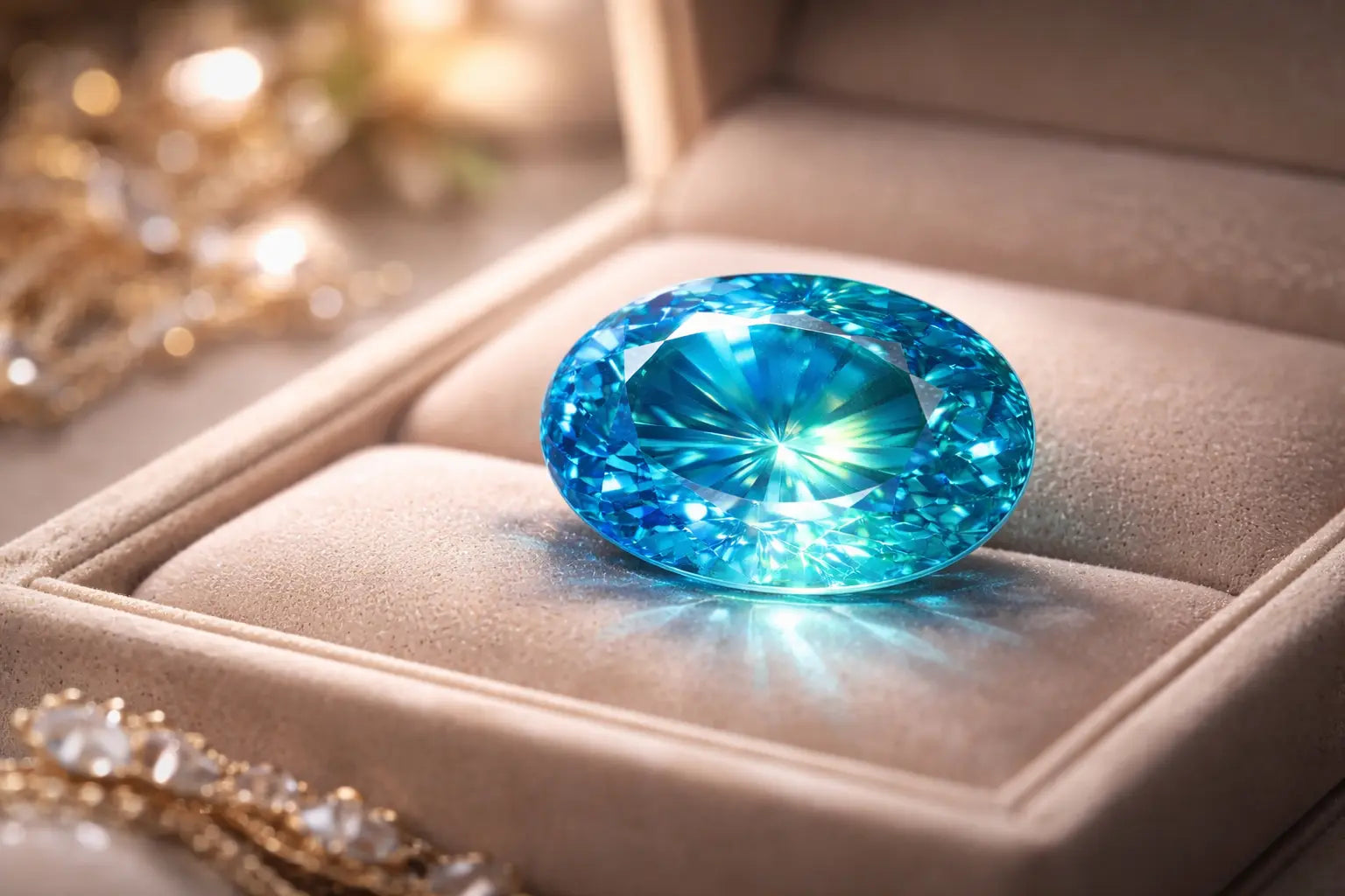Tourmaline Paraíba bleue néon naturelle sur présentoir de joaillerie