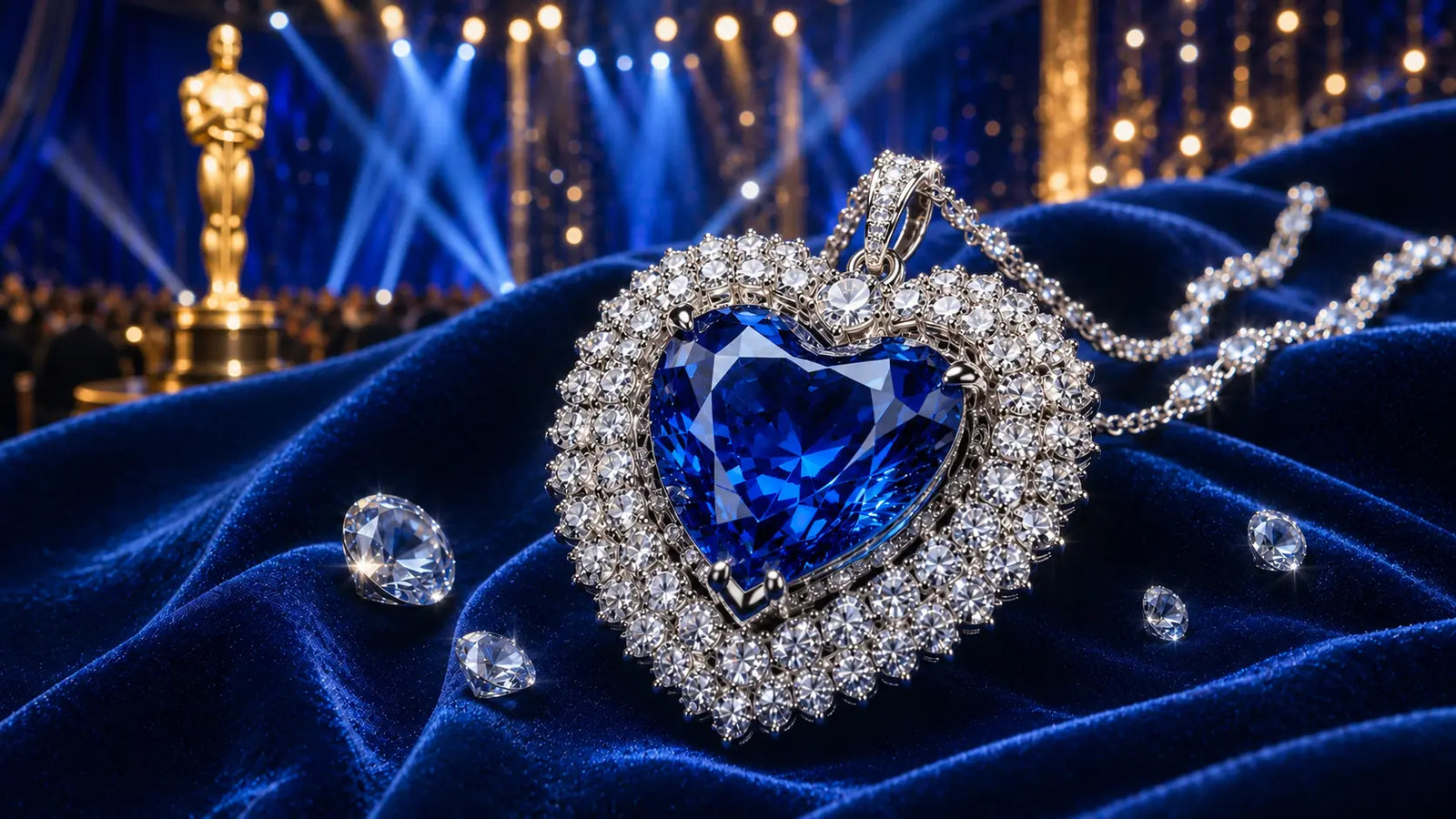 Collier Coeur de l'Ocean avec saphir bleu et diamants dans une ambiance inspirée des Oscars