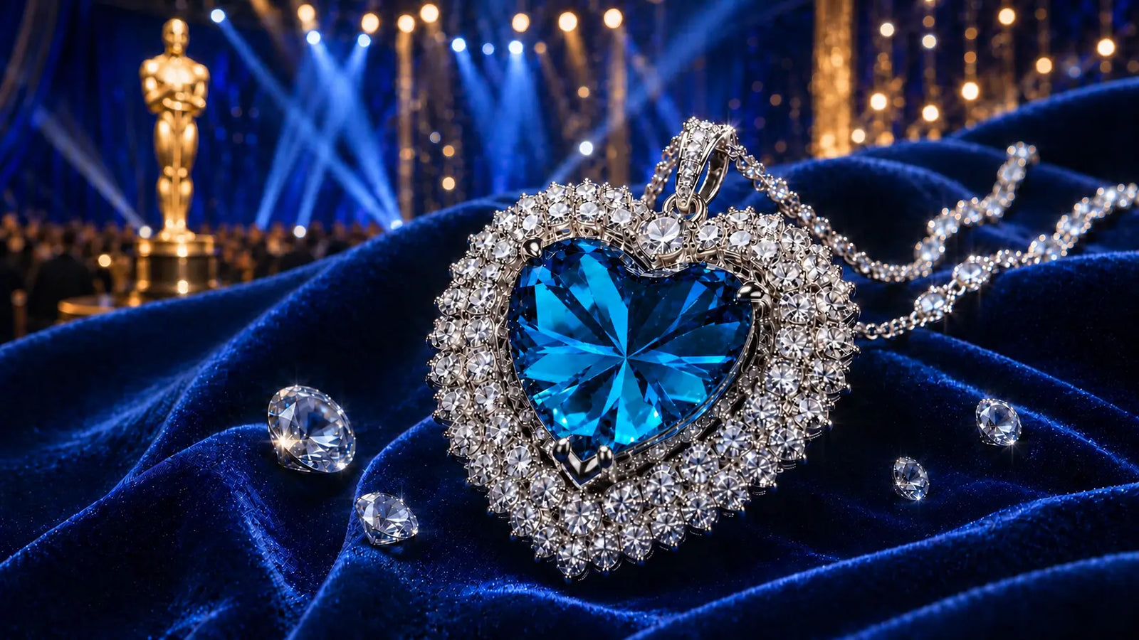 Collier Coeur de l'Ocean avec saphir bleu et diamants dans une ambiance inspirée des Oscars