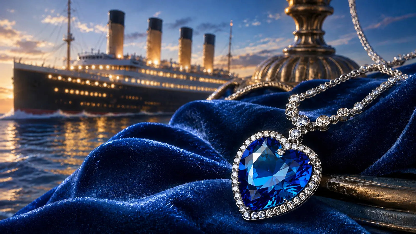 Collier Coeur de l'Ocean inspire du Titanic avec pendentif coeur bleu dans une ambiance elegante et maritime