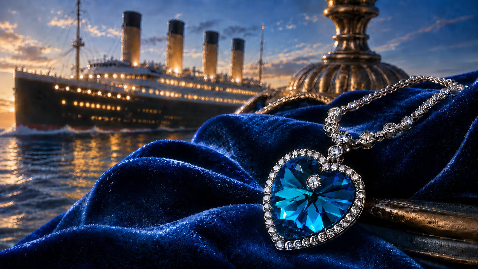 Collier Coeur de l'Ocean inspire du Titanic avec pendentif coeur bleu dans une ambiance elegante et maritime