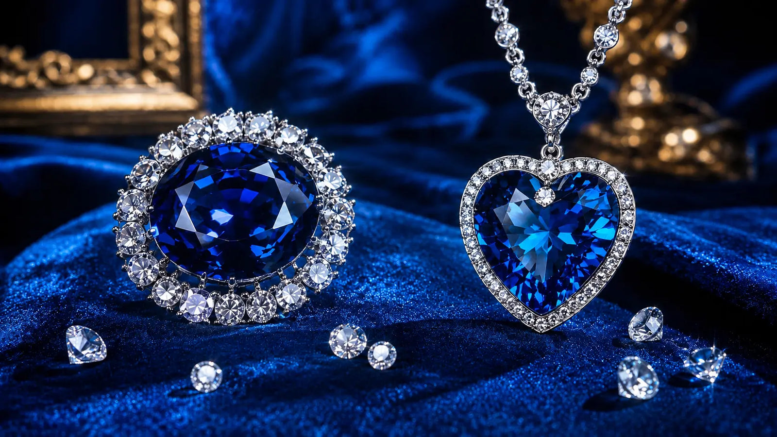Comparaison entre le Coeur de l'Ocean et le diamant Hope sur fond bleu luxueux