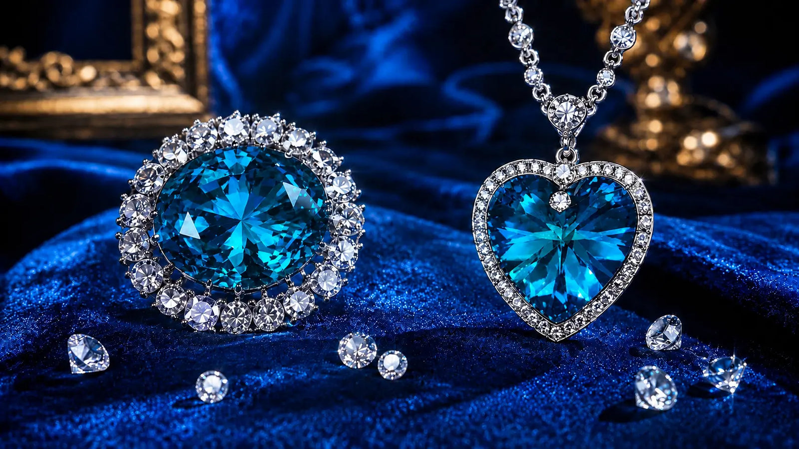 Comparaison entre le Coeur de l'Ocean et le diamant Hope sur fond bleu