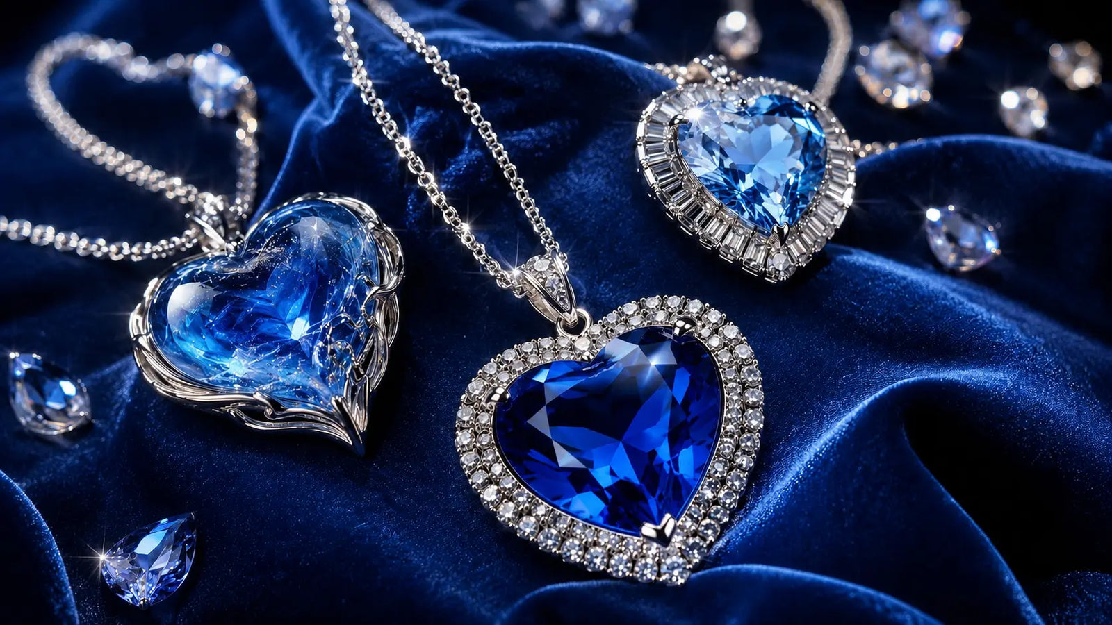 Reproductions du bijou Coeur de l'Ocean avec plusieurs colliers en coeur bleu sur un tissu bleu