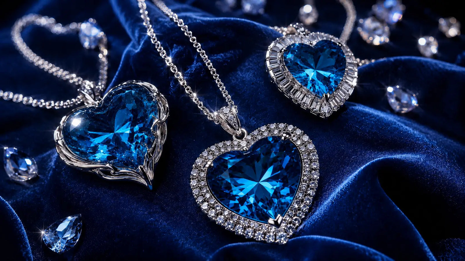 Reproductions du bijou Coeur de l'Ocean avec plusieurs colliers en coeur bleu sur un tissu bleu