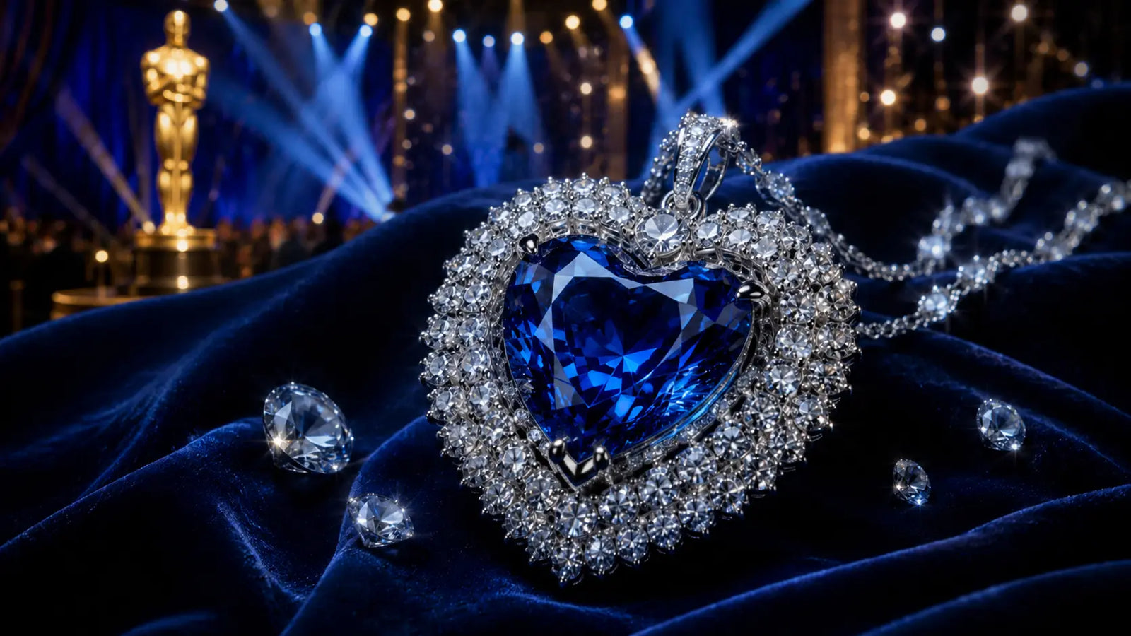 Collier Coeur de l'Ocean avec saphir bleu et diamants dans une ambiance inspirée des Oscars
