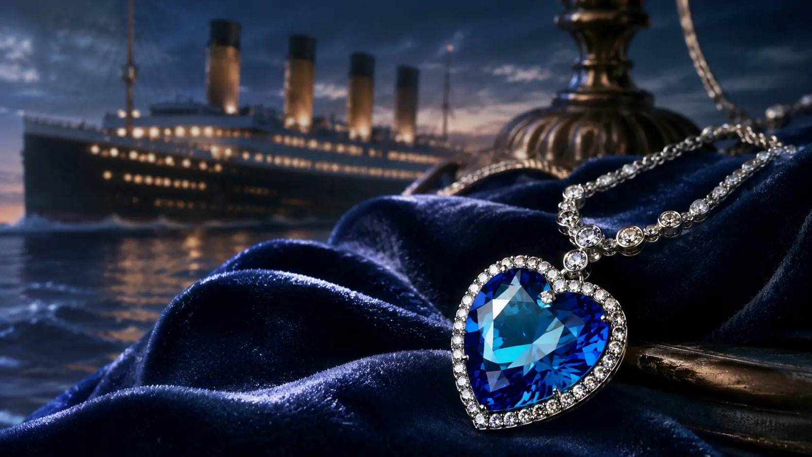 Collier Coeur de l'Ocean inspire du Titanic avec pendentif coeur bleu dans une ambiance elegante et maritime