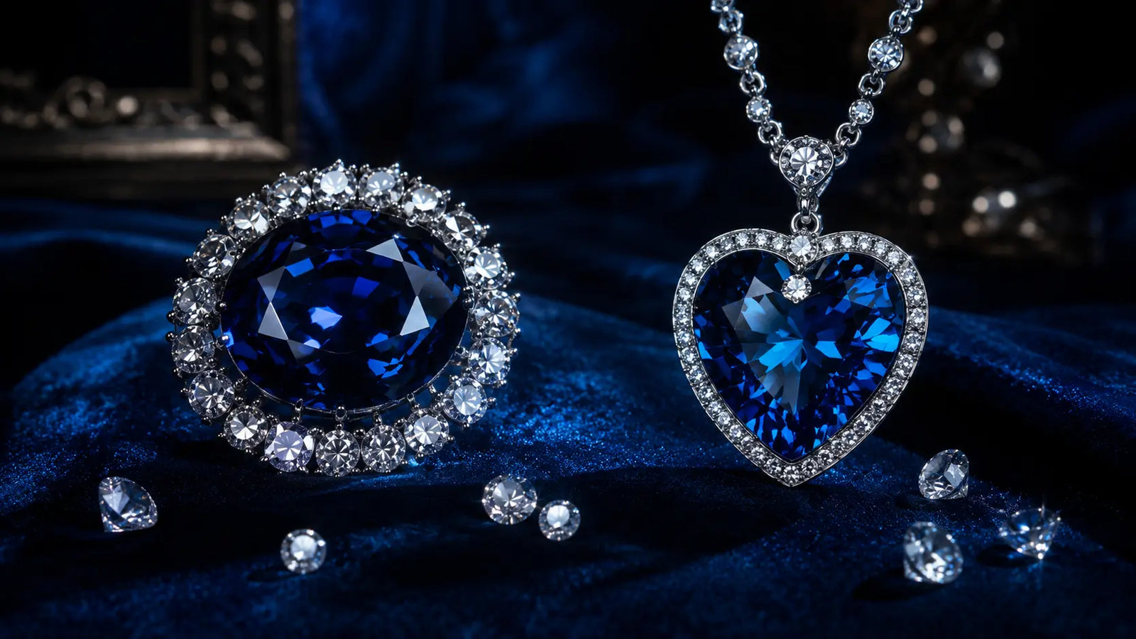 Comparaison entre le Coeur de l'Ocean et le diamant Hope sur fond bleu luxueux