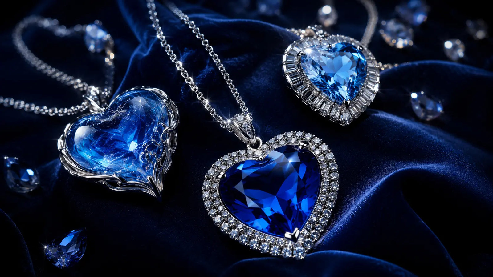 Reproductions du bijou Coeur de l'Ocean avec plusieurs colliers en coeur bleu sur un tissu bleu